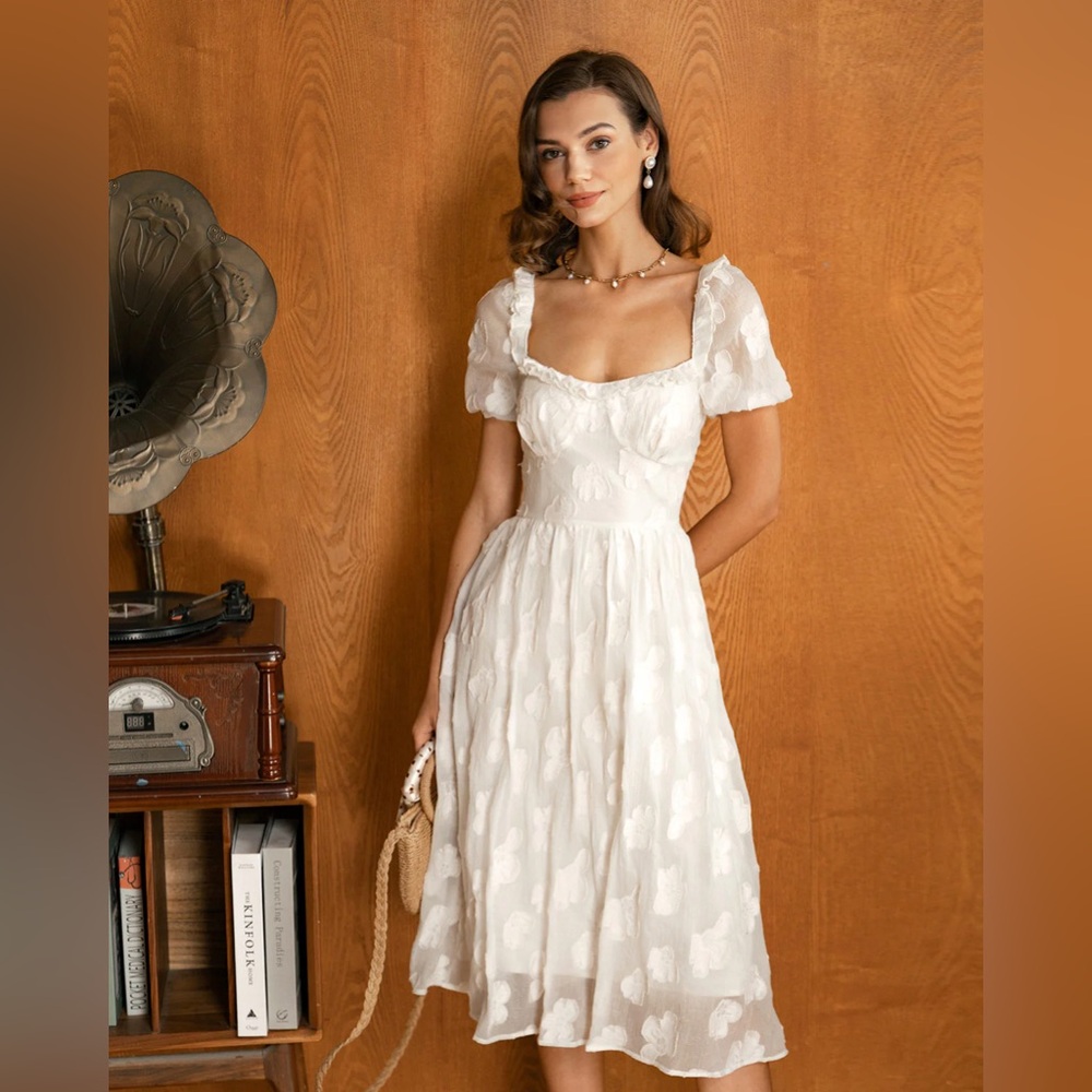 Rihoas Beige Square Neck Puffed Sleeve Midi Dress